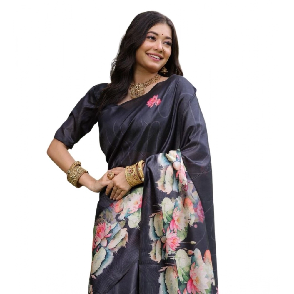Generic Women's Faux_Tussar Floral Saree With Unstitched Blouse 5.5Mtr (Black) - Image 4