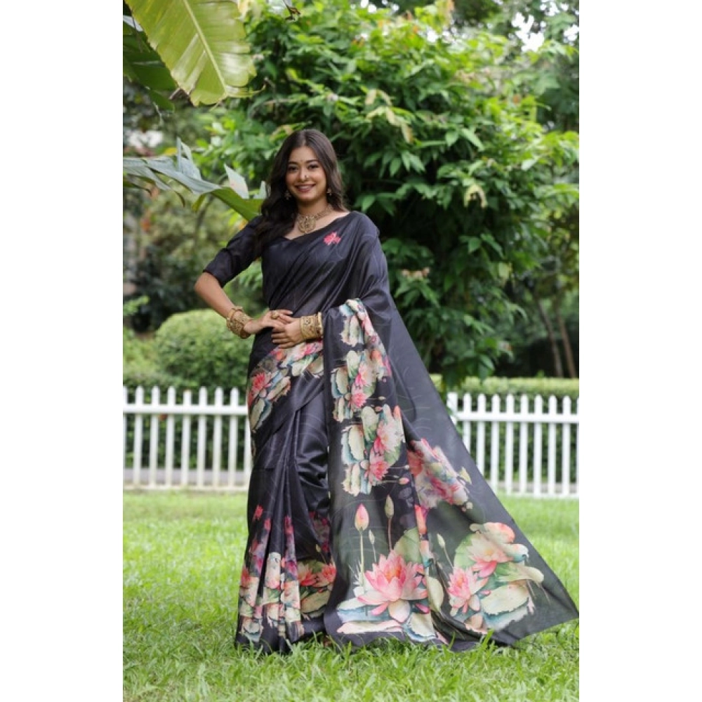 Generic Women's Faux_Tussar Floral Saree With Unstitched Blouse 5.5Mtr (Black)