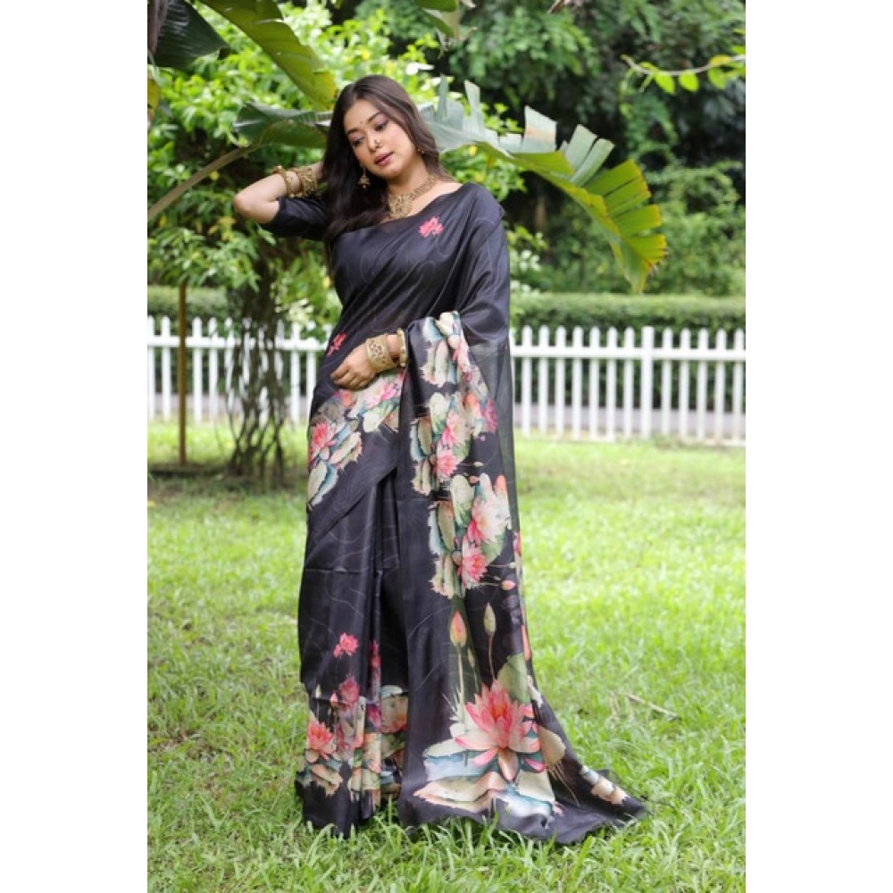 Generic Women's Faux_Tussar Floral Saree With Unstitched Blouse 5.5Mtr (Black) - Image 3