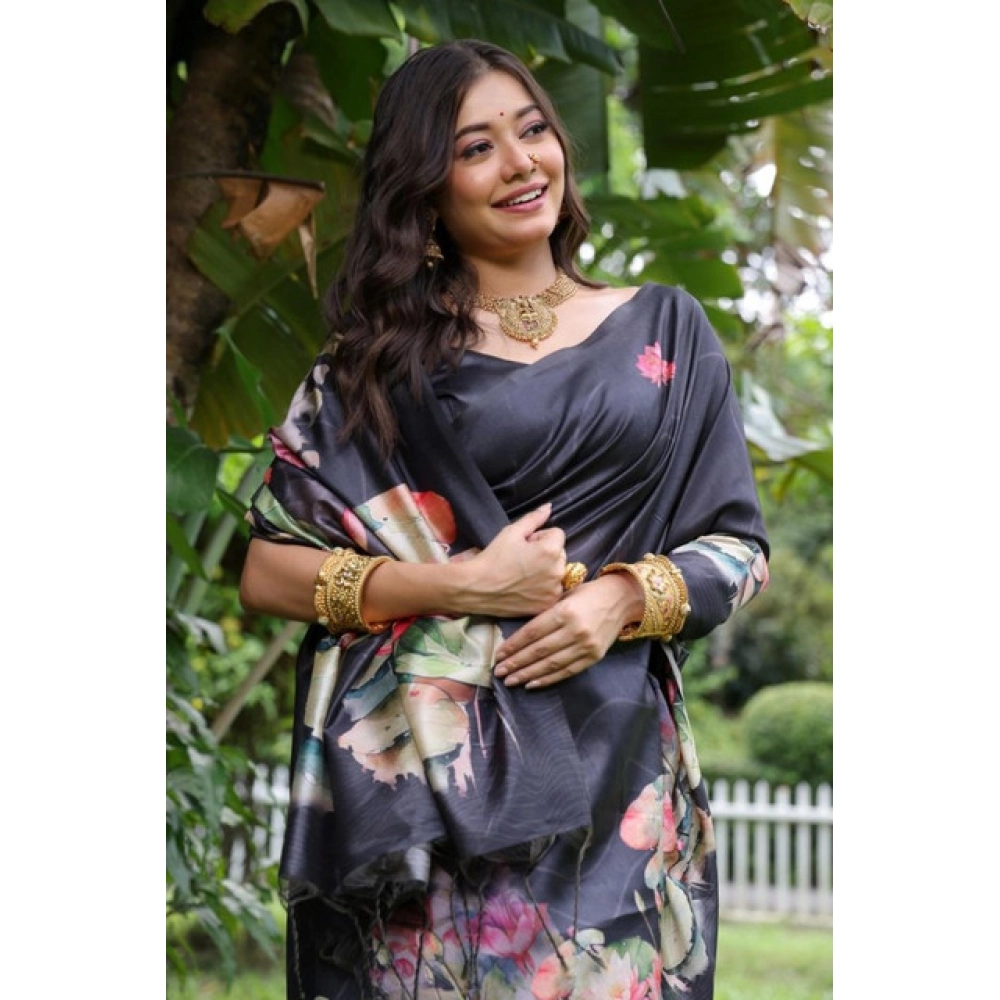 Generic Women's Faux_Tussar Floral Saree With Unstitched Blouse 5.5Mtr (Black) - Image 2