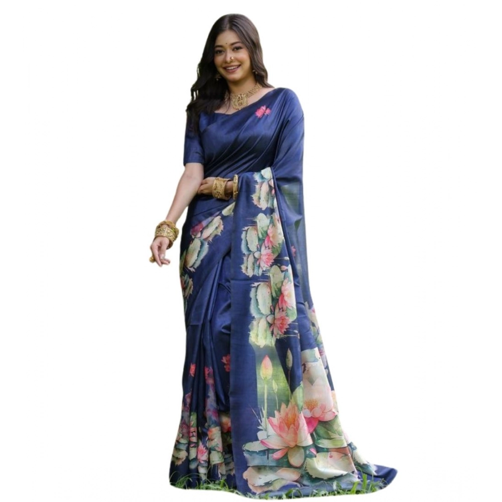 Generic Women's Faux_Tussar Floral Saree With Unstitched Blouse 5.5Mtr (Navy_Blue) - Image 4