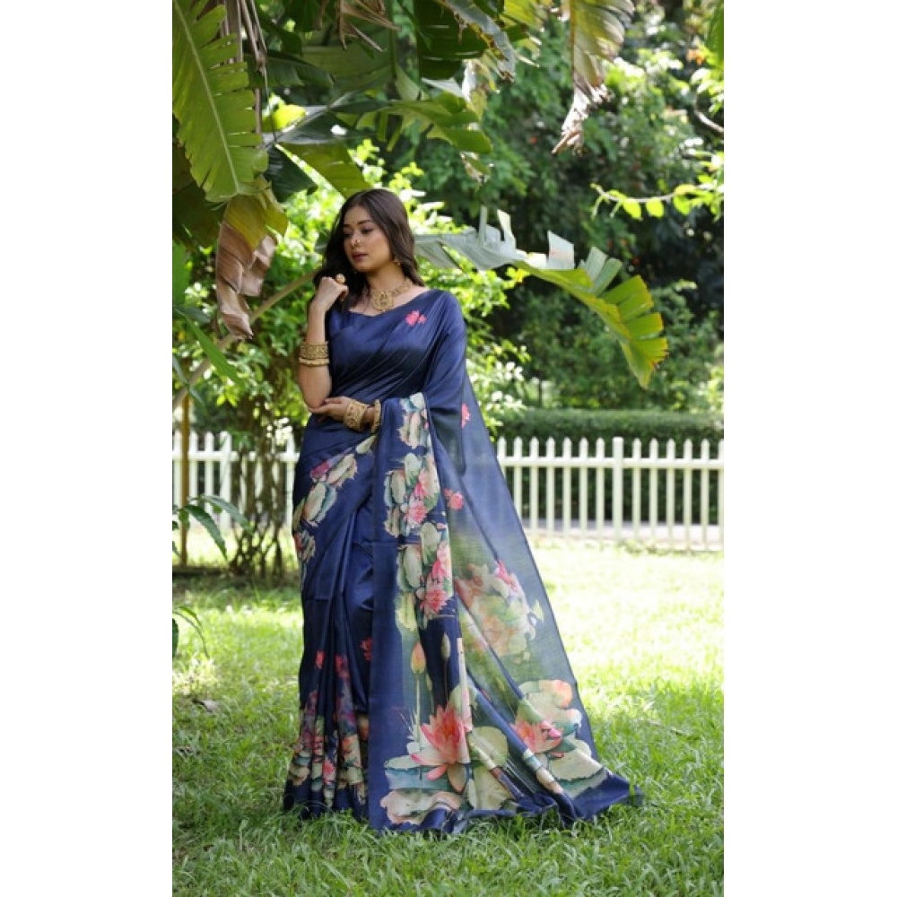 Generic Women's Faux_Tussar Floral Saree With Unstitched Blouse 5.5Mtr (Navy_Blue)