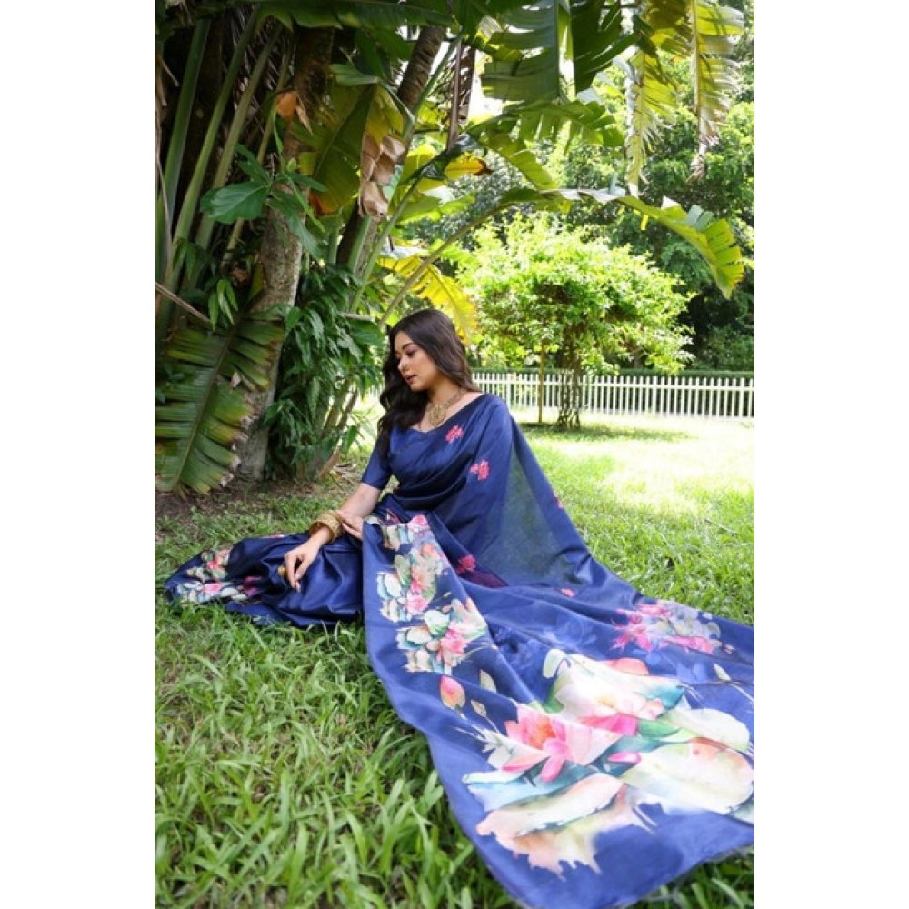 Generic Women's Faux_Tussar Floral Saree With Unstitched Blouse 5.5Mtr (Navy_Blue) - Image 3