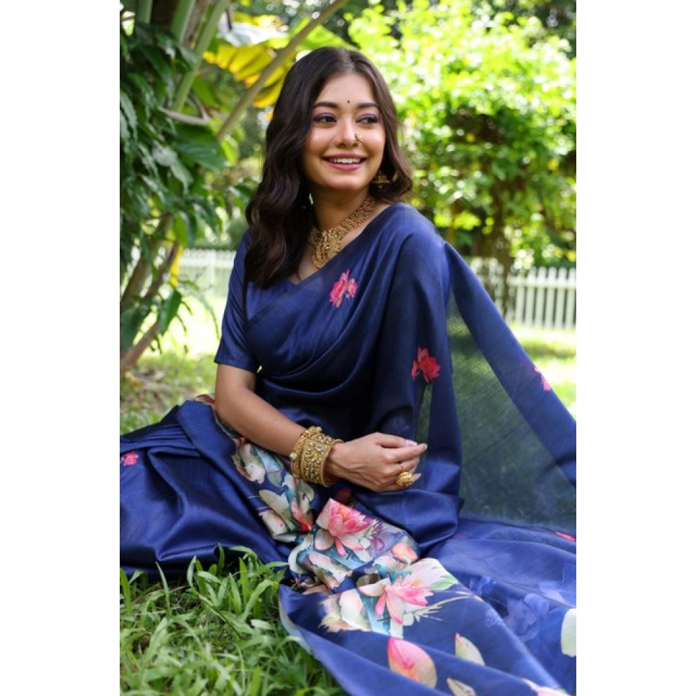 Generic Women's Faux_Tussar Floral Saree With Unstitched Blouse 5.5Mtr (Navy_Blue) - Image 2
