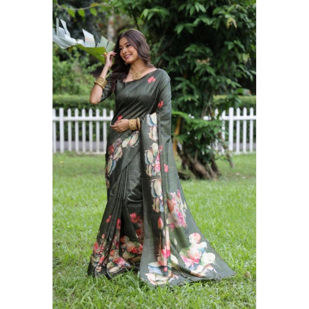 Generic Women's Faux_Tussar Floral Saree With Unstitched Blouse 5.5Mtr (Olive)