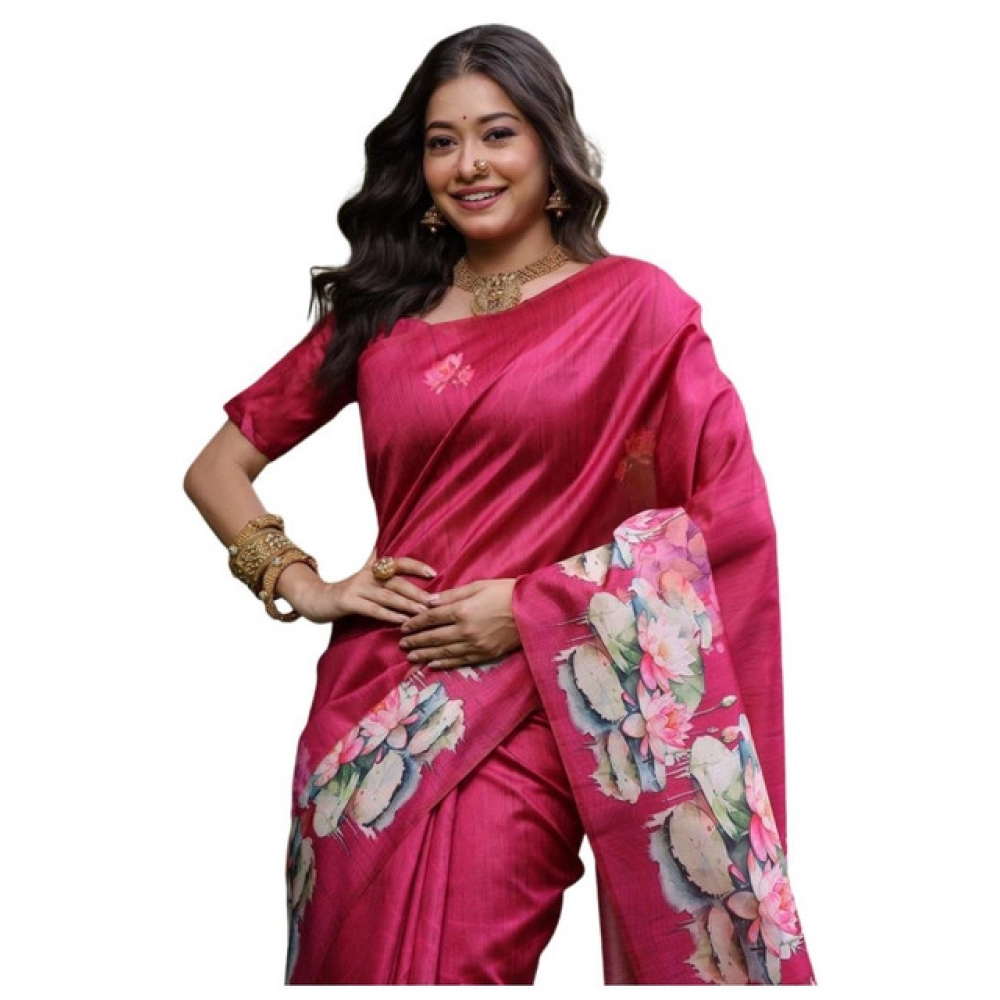 Generic Women's Faux_Tussar Floral Saree With Unstitched Blouse 5.5Mtr (Pink) - Image 4