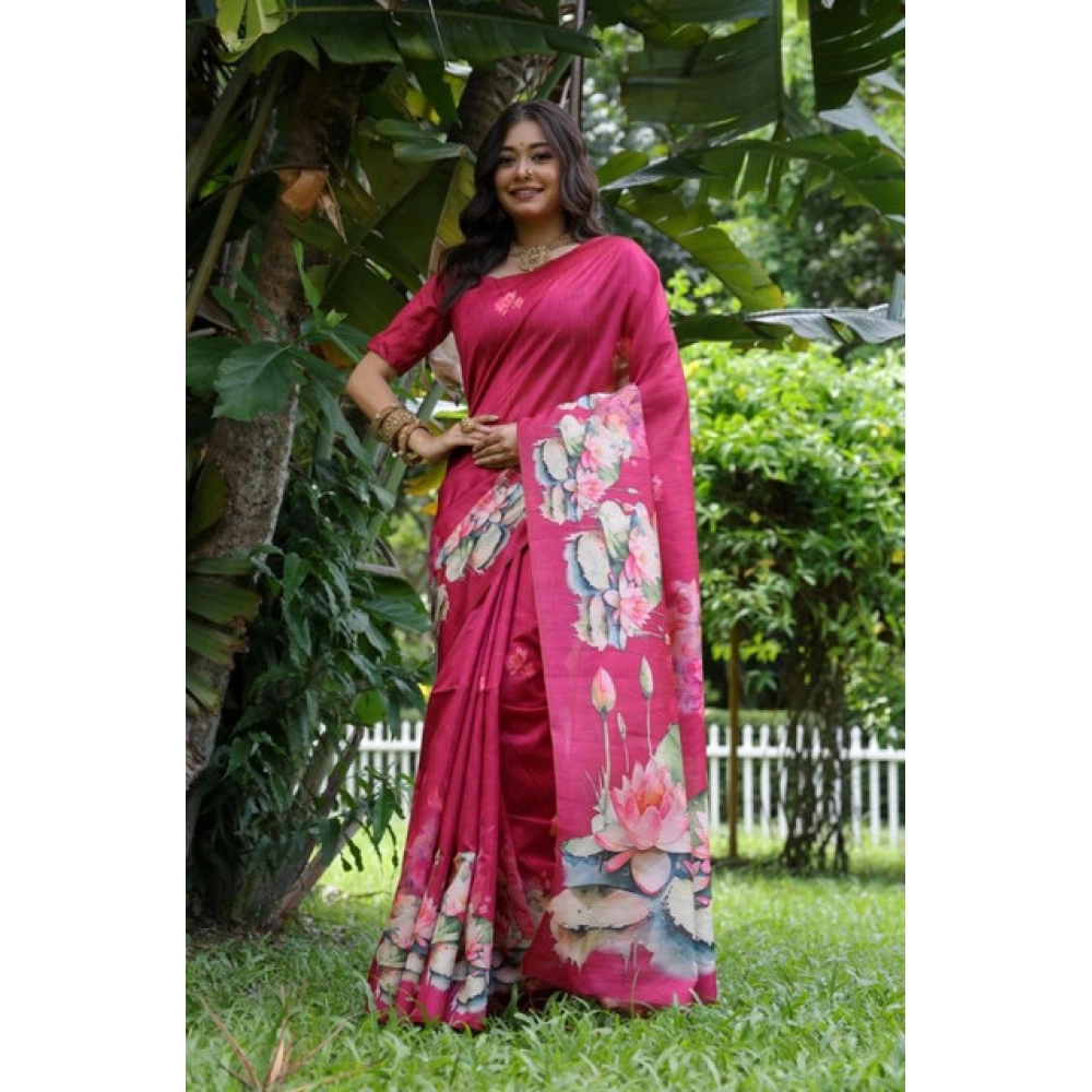 Generic Women's Faux_Tussar Floral Saree With Unstitched Blouse 5.5Mtr (Pink)