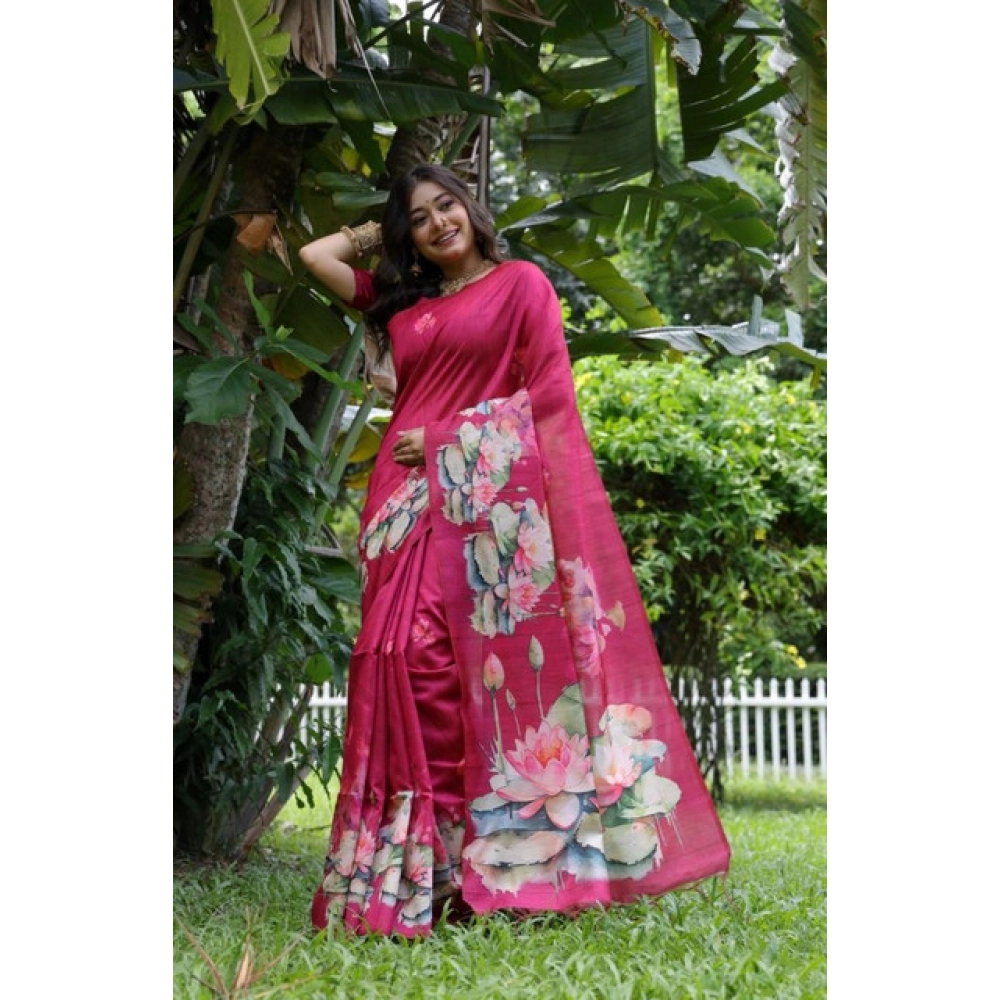 Generic Women's Faux_Tussar Floral Saree With Unstitched Blouse 5.5Mtr (Pink) - Image 3