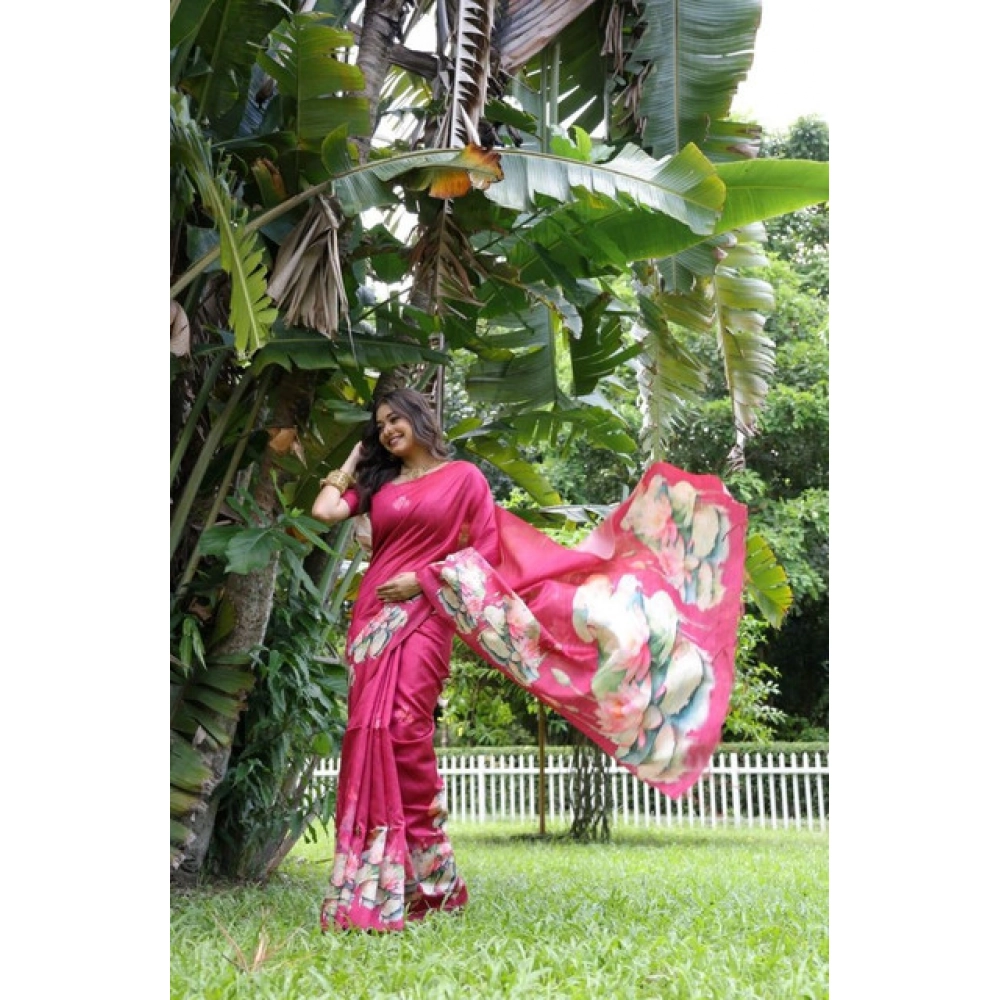 Generic Women's Faux_Tussar Floral Saree With Unstitched Blouse 5.5Mtr (Pink) - Image 2
