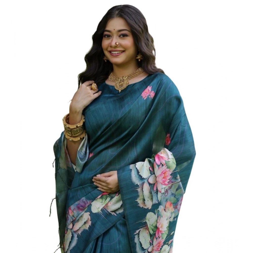 Generic Women's Faux_Tussar Floral Saree With Unstitched Blouse 5.5Mtr (Teal) - Image 4