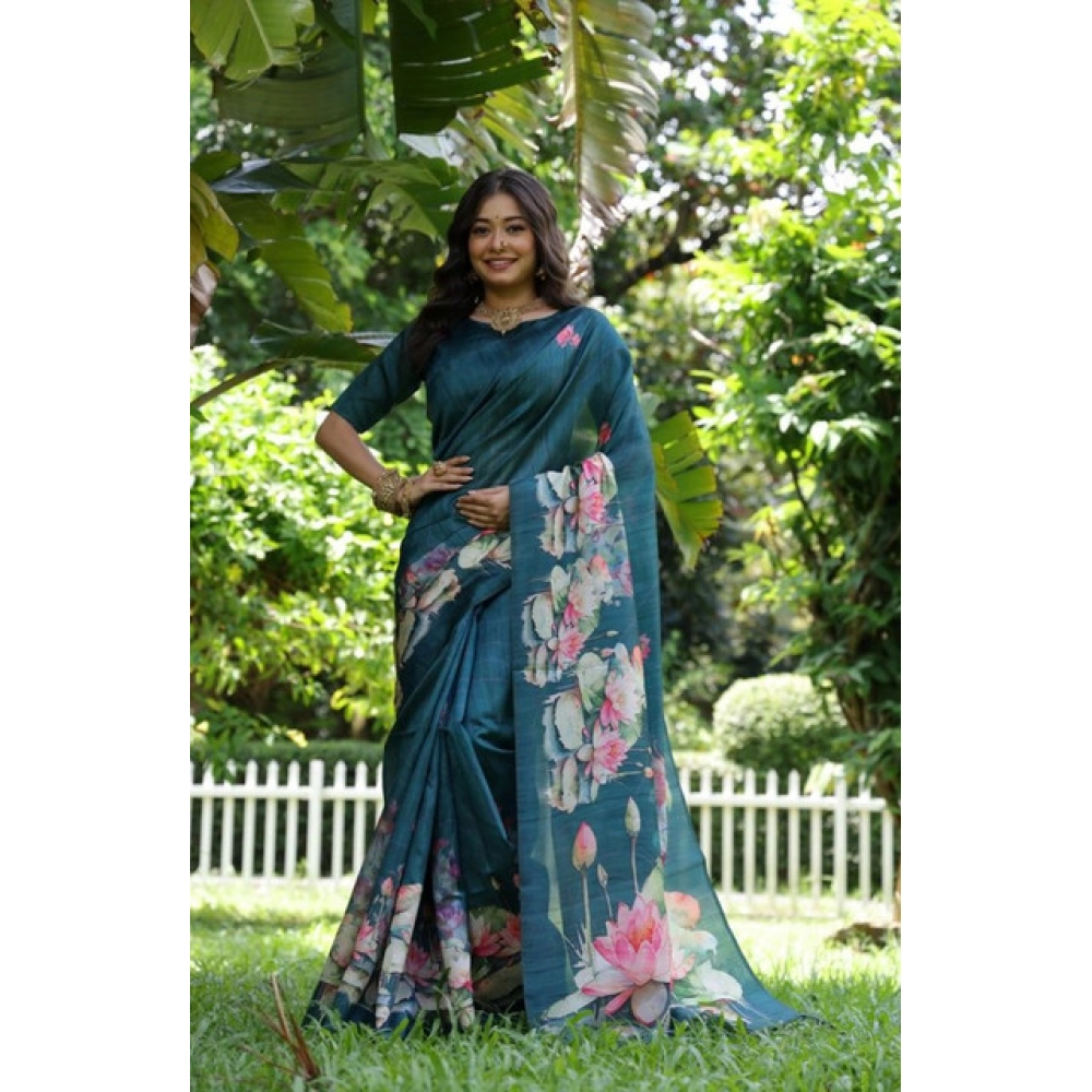 Generic Women's Faux_Tussar Floral Saree With Unstitched Blouse 5.5Mtr (Teal)