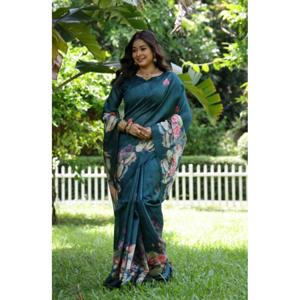 Generic Women's Faux_Tussar Floral Saree With Unstitched Blouse 5.5Mtr (Teal) - Image 3