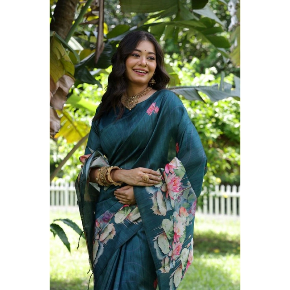 Generic Women's Faux_Tussar Floral Saree With Unstitched Blouse 5.5Mtr (Teal) - Image 2