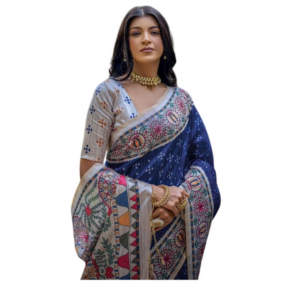 Generic Women's Faux_Tussar Geometric_Print Saree With Unstitched Blouse 5.5Mtr (Blue) - Image 2