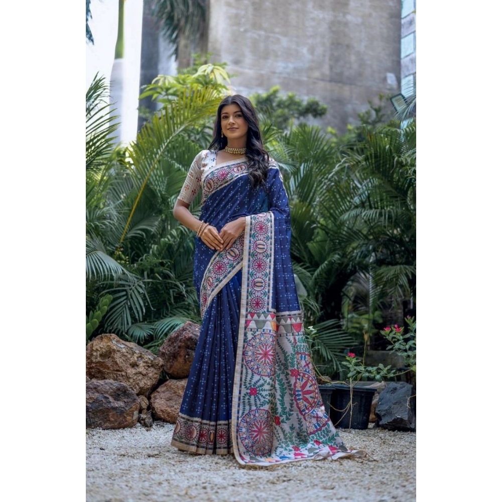 Generic Women's Faux_Tussar Geometric_Print Saree With Unstitched Blouse 5.5Mtr (Blue)