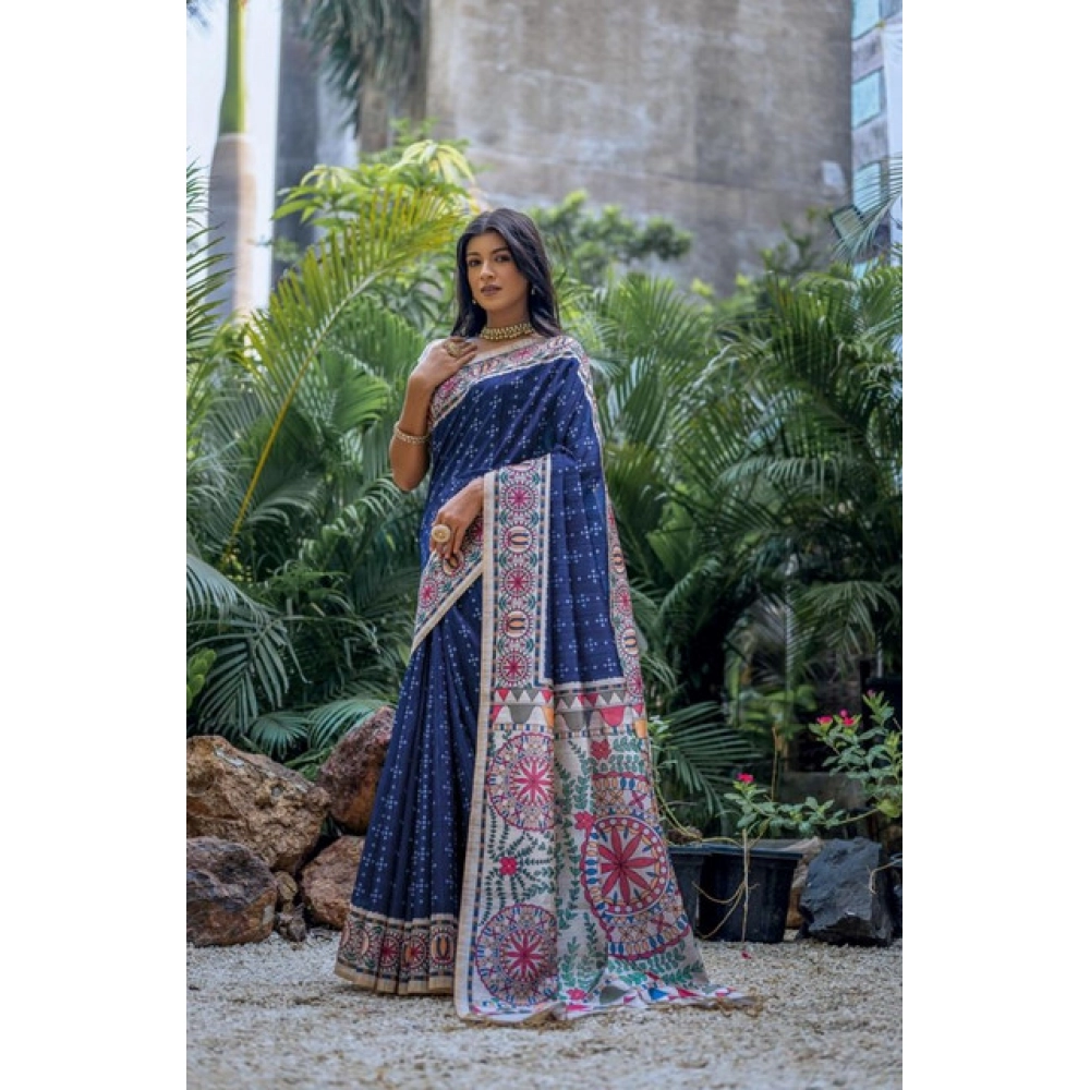 Generic Women's Faux_Tussar Geometric_Print Saree With Unstitched Blouse 5.5Mtr (Blue) - Image 3