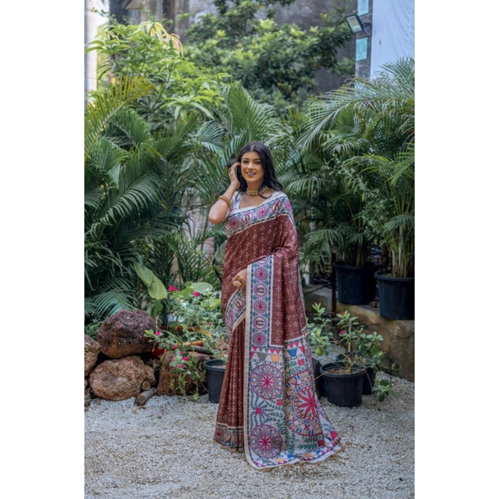Generic Women's Faux_Tussar Geometric_Print Saree With Unstitched Blouse 5.5Mtr (Coffee)