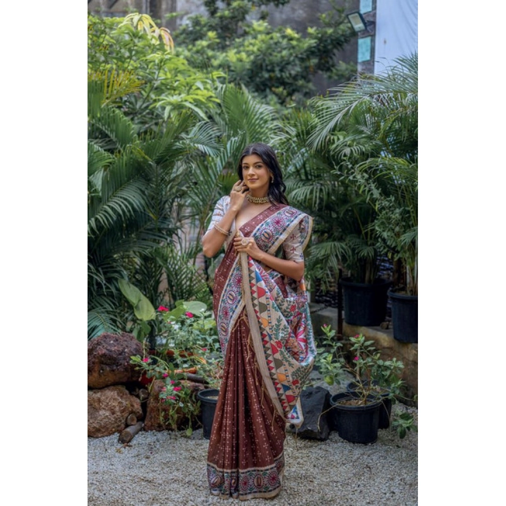 Generic Women's Faux_Tussar Geometric_Print Saree With Unstitched Blouse 5.5Mtr (Coffee) - Image 2