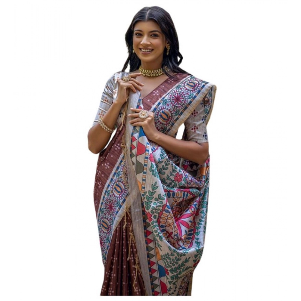 Generic Women's Faux_Tussar Geometric_Print Saree With Unstitched Blouse 5.5Mtr (Coffee) - Image 3