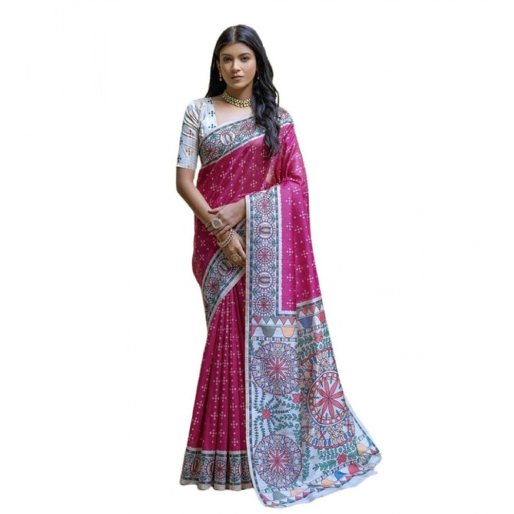 Generic Women's Faux_Tussar Geometric_Print Saree With Unstitched Blouse 5.5Mtr (Pink) - Image 3