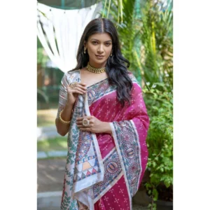 Generic Women's Faux_Tussar Geometric_Print Saree With Unstitched Blouse 5.5Mtr (Pink)