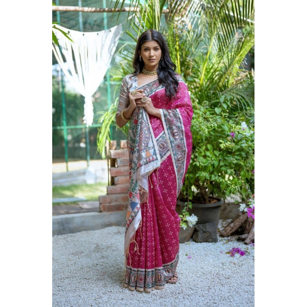 Generic Women's Faux_Tussar Geometric_Print Saree With Unstitched Blouse 5.5Mtr (Pink) - Image 2
