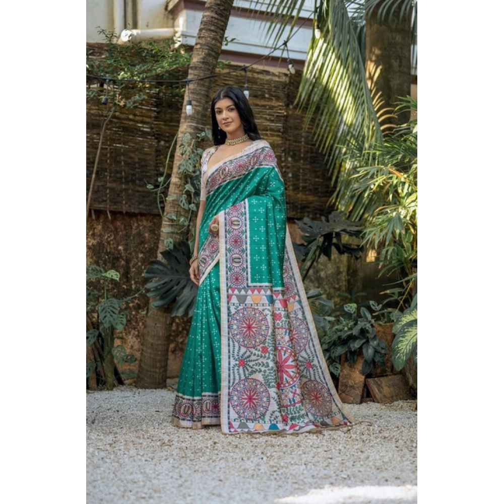 Generic Women's Faux_Tussar Geometric_Print Saree With Unstitched Blouse 5.5Mtr (Rama_Green)