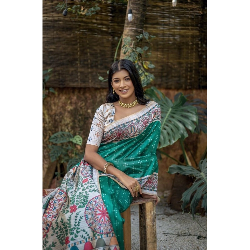 Generic Women's Faux_Tussar Geometric_Print Saree With Unstitched Blouse 5.5Mtr (Rama_Green) - Image 2