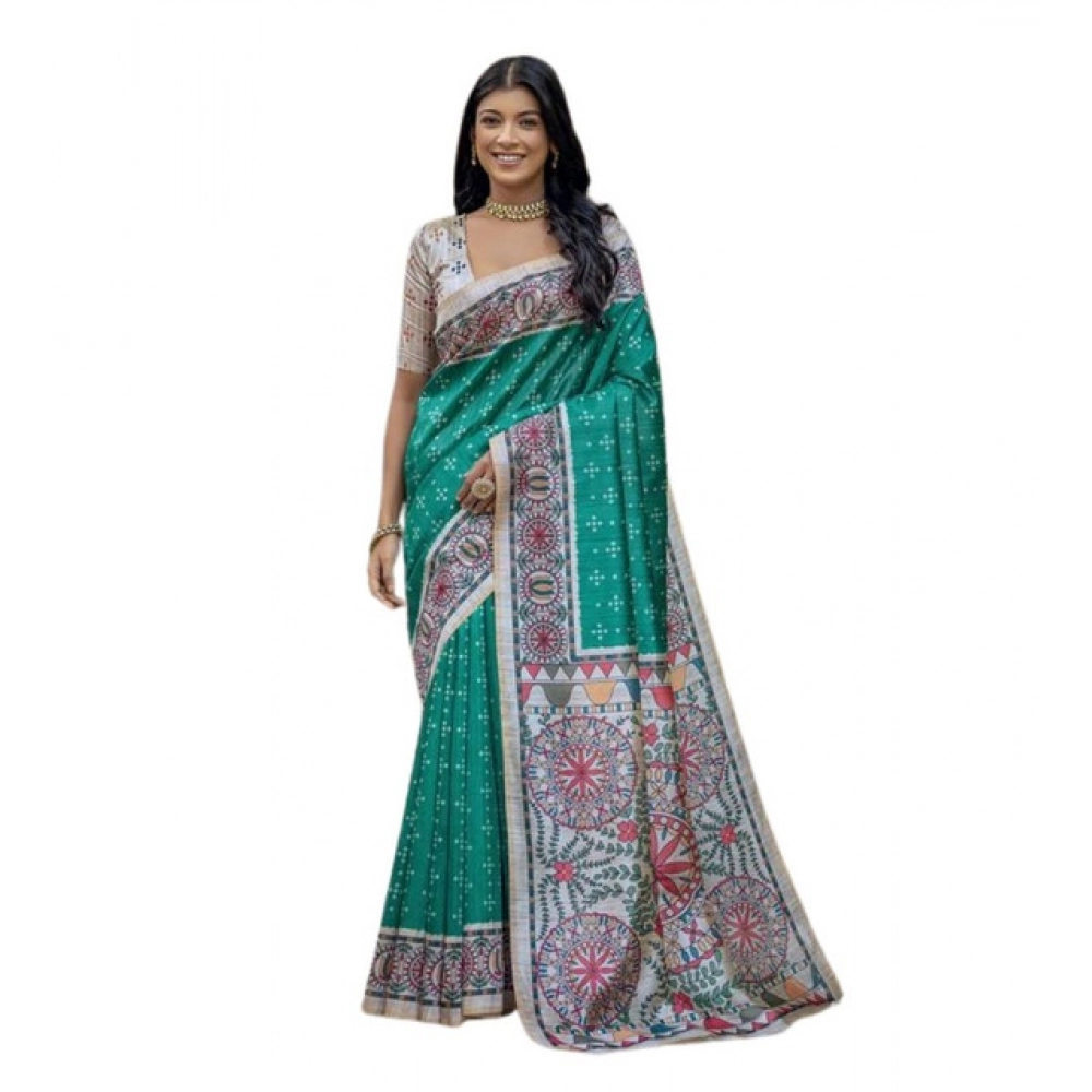 Generic Women's Faux_Tussar Geometric_Print Saree With Unstitched Blouse 5.5Mtr (Rama_Green) - Image 3