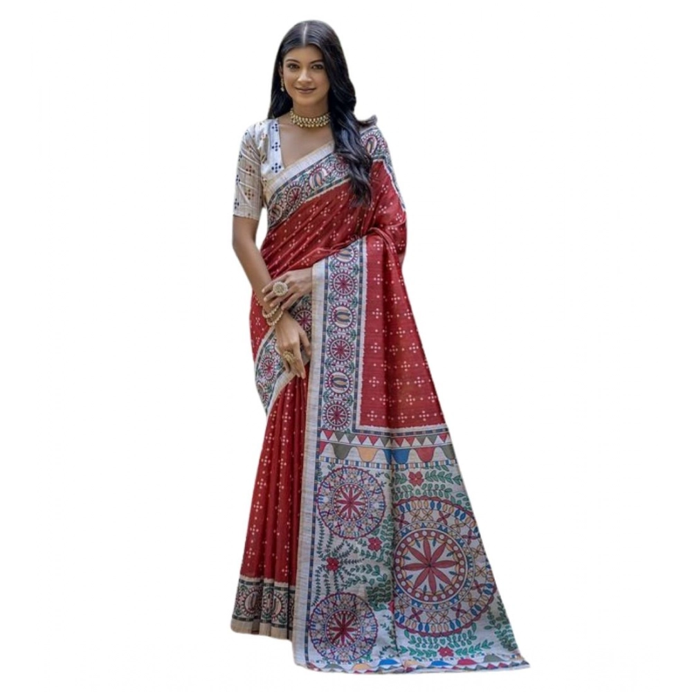 Generic Women's Faux_Tussar Geometric_Print Saree With Unstitched Blouse 5.5Mtr (Red) - Image 3