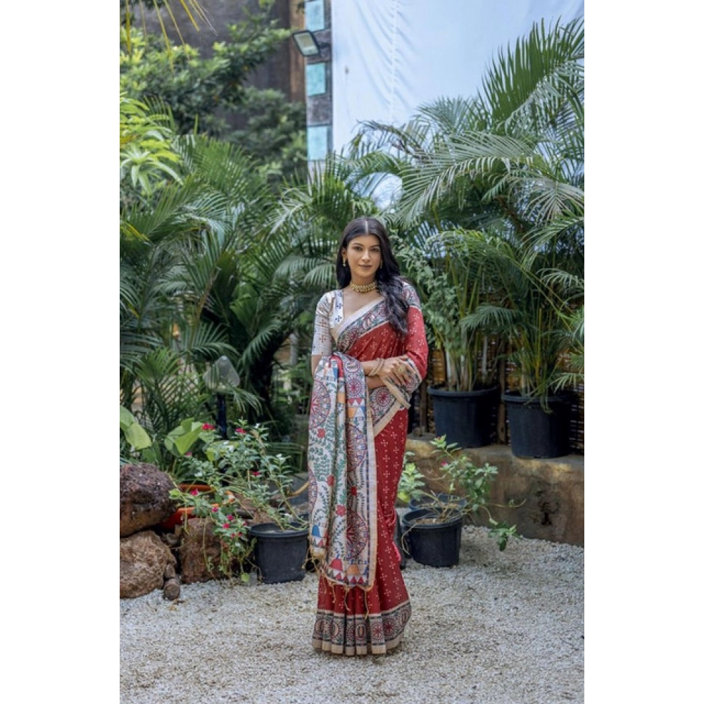 Generic Women's Faux_Tussar Geometric_Print Saree With Unstitched Blouse 5.5Mtr (Red) - Image 2