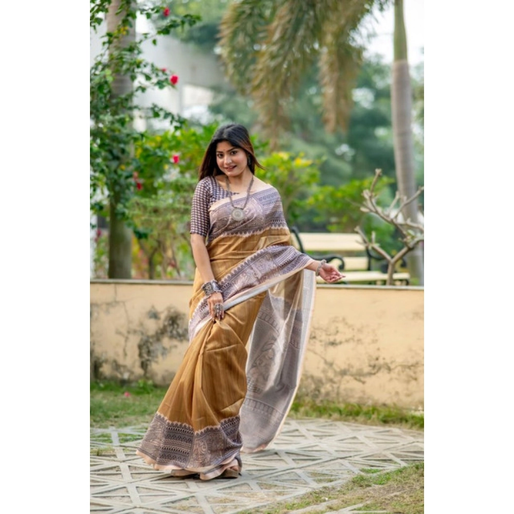 Generic Women's Faux_Tussar Geometric_Print Saree With Unstitched Blouse 5.5Mtr (Mustard)