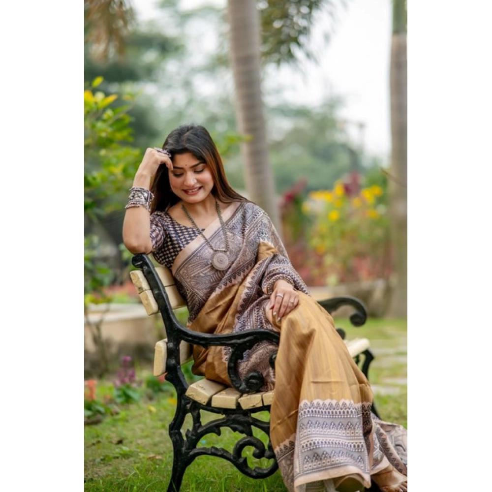 Generic Women's Faux_Tussar Geometric_Print Saree With Unstitched Blouse 5.5Mtr (Mustard) - Image 2