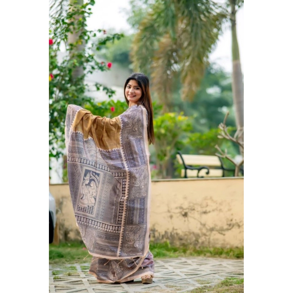 Generic Women's Faux_Tussar Geometric_Print Saree With Unstitched Blouse 5.5Mtr (Mustard) - Image 3