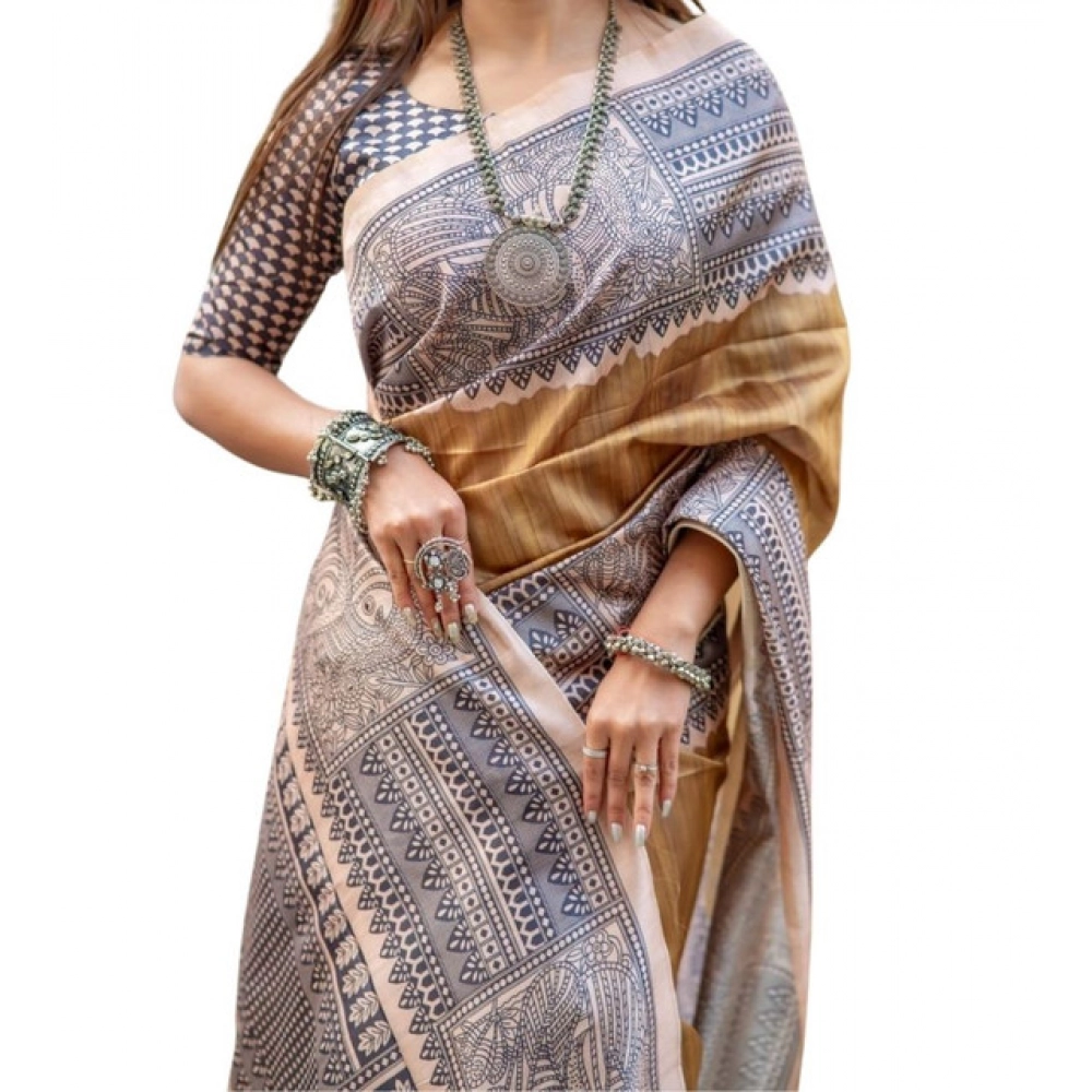 Generic Women's Faux_Tussar Geometric_Print Saree With Unstitched Blouse 5.5Mtr (Mustard) - Image 4
