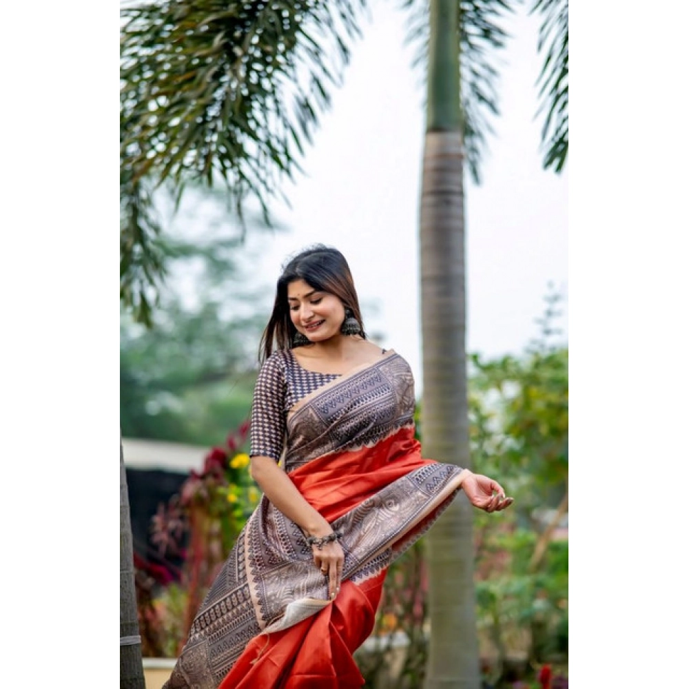 Generic Women's Faux_Tussar Geometric_Print Saree With Unstitched Blouse 5.5Mtr (Orange) - Image 2