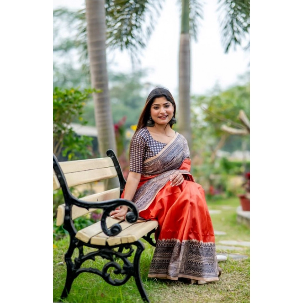 Generic Women's Faux_Tussar Geometric_Print Saree With Unstitched Blouse 5.5Mtr (Orange) - Image 3