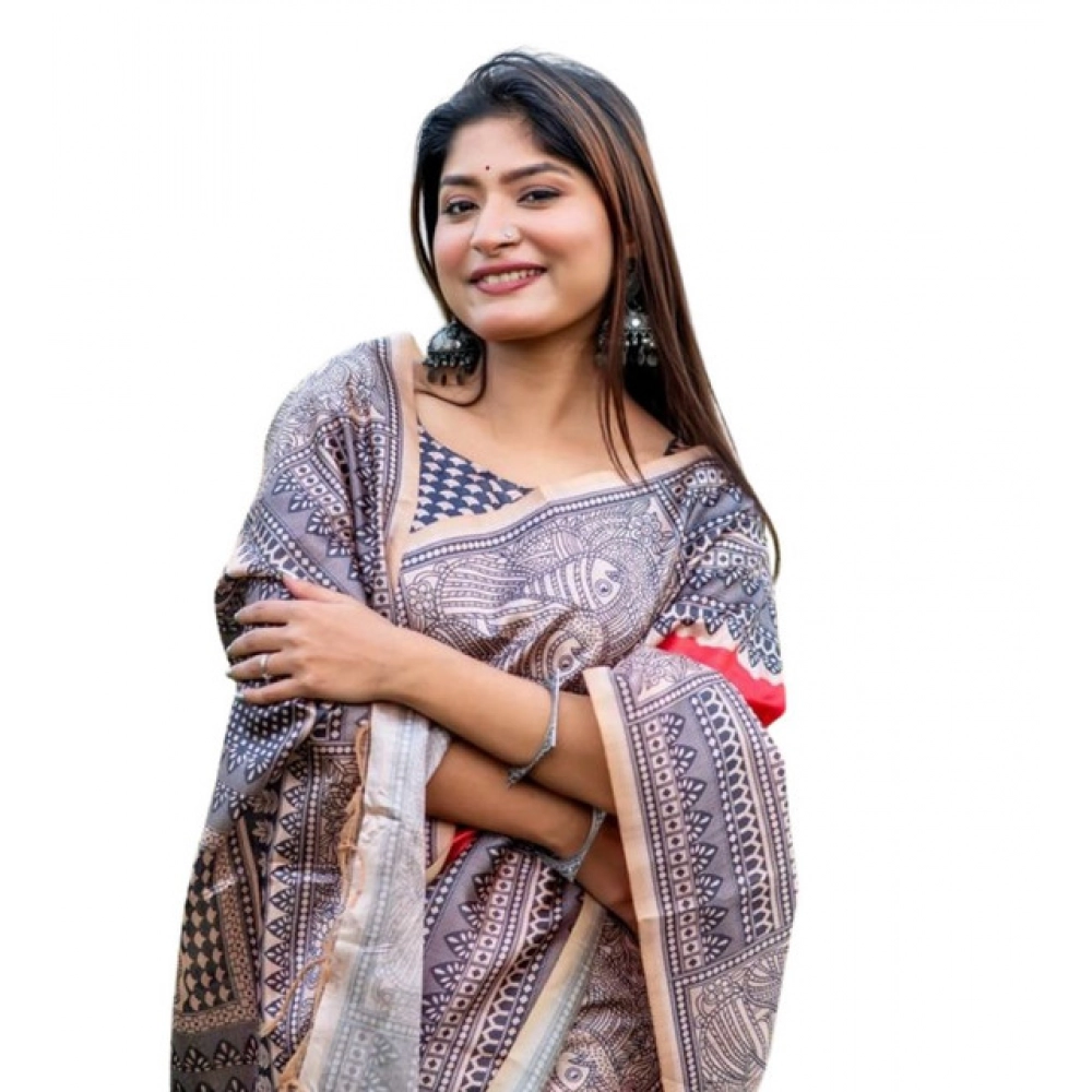 Generic Women's Faux_Tussar Geometric_Print Saree With Unstitched Blouse 5.5Mtr (Orange) - Image 4