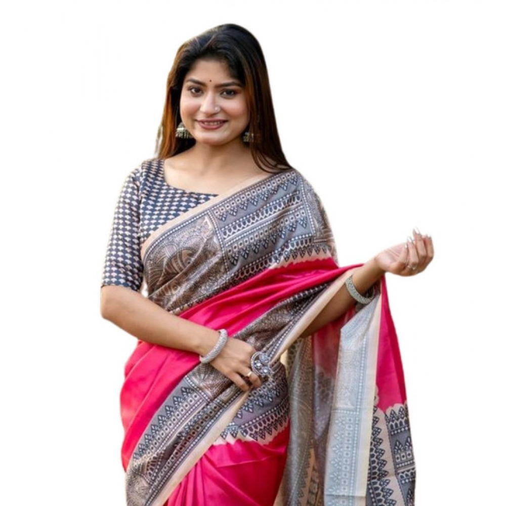 Generic Women's Faux_Tussar Geometric_Print Saree With Unstitched Blouse 5.5Mtr (Pink) - Image 4