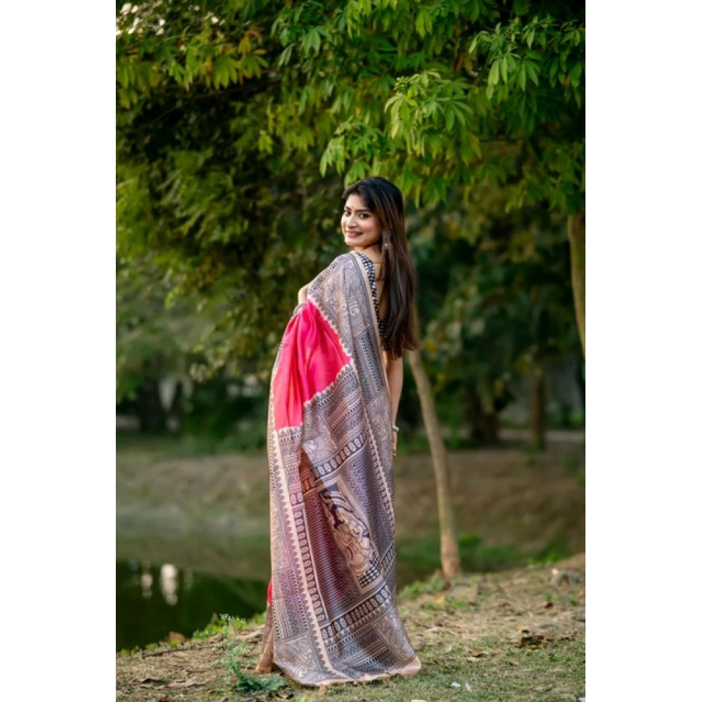 Generic Women's Faux_Tussar Geometric_Print Saree With Unstitched Blouse 5.5Mtr (Pink) - Image 3