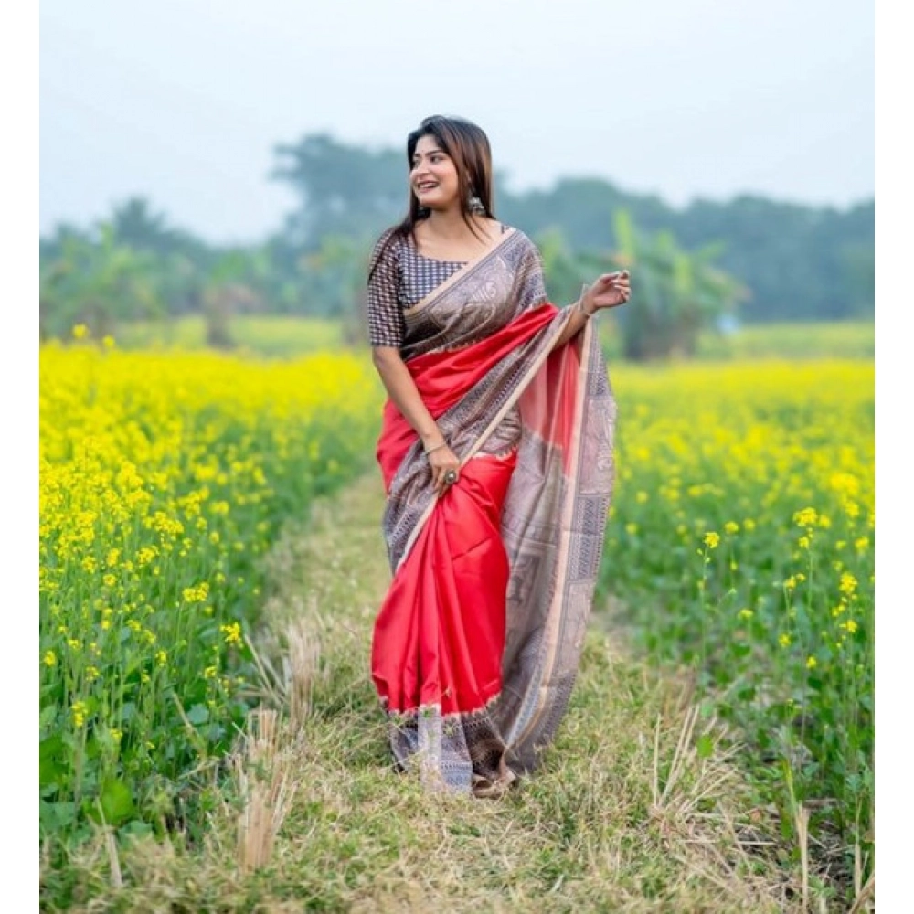 Generic Women's Faux_Tussar Geometric_Print Saree With Unstitched Blouse 5.5Mtr (Pink) - Image 2
