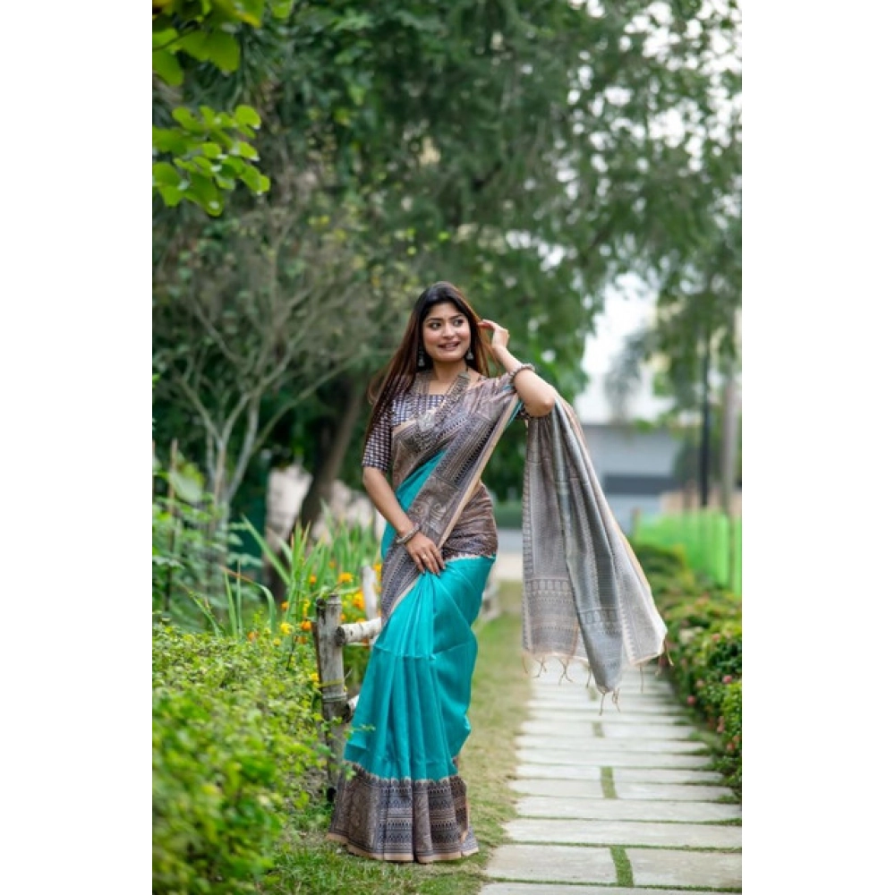 Generic Women's Faux_Tussar Geometric_Print Saree With Unstitched Blouse 5.5Mtr (Rama_Green) - Image 2