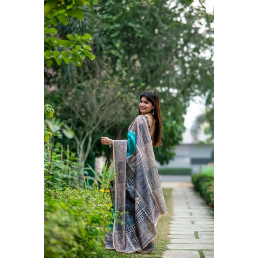 Generic Women's Faux_Tussar Geometric_Print Saree With Unstitched Blouse 5.5Mtr (Rama_Green) - Image 3
