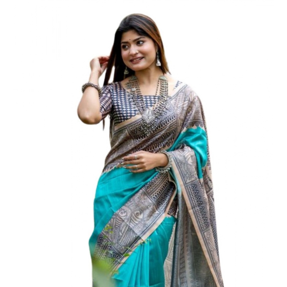 Generic Women's Faux_Tussar Geometric_Print Saree With Unstitched Blouse 5.5Mtr (Rama_Green) - Image 4