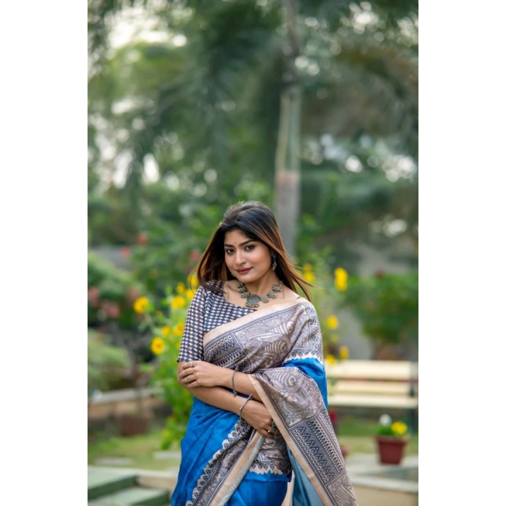 Generic Women's Faux_Tussar Geometric_Print Saree With Unstitched Blouse 5.5Mtr (Royal_Blue) - Image 2