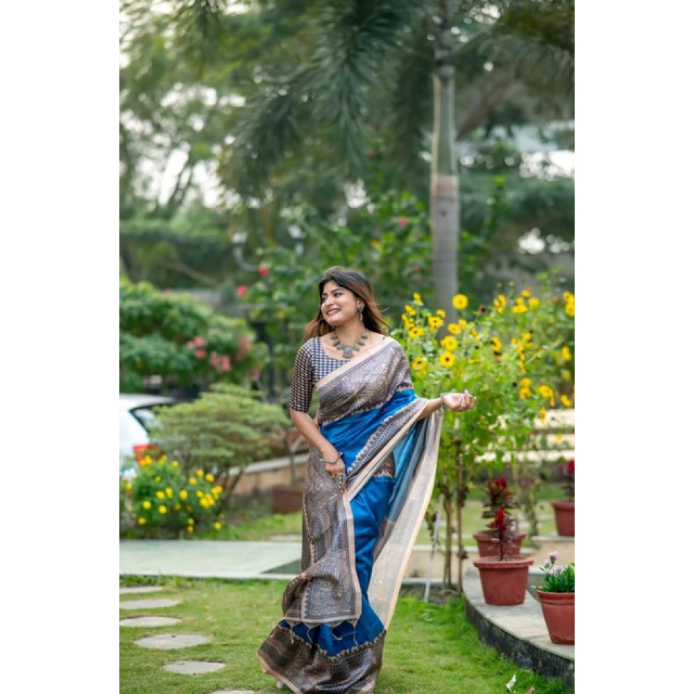 Generic Women's Faux_Tussar Geometric_Print Saree With Unstitched Blouse 5.5Mtr (Royal_Blue) - Image 3
