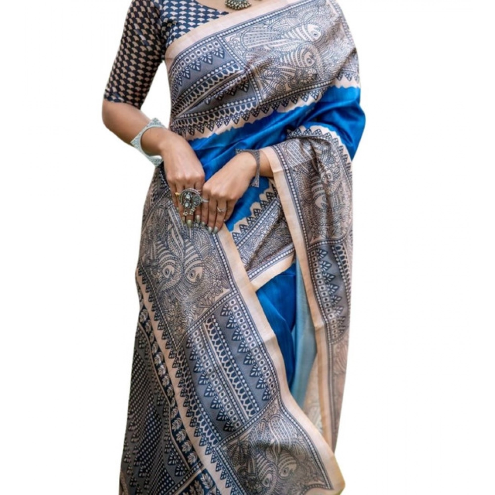 Generic Women's Faux_Tussar Geometric_Print Saree With Unstitched Blouse 5.5Mtr (Royal_Blue) - Image 4