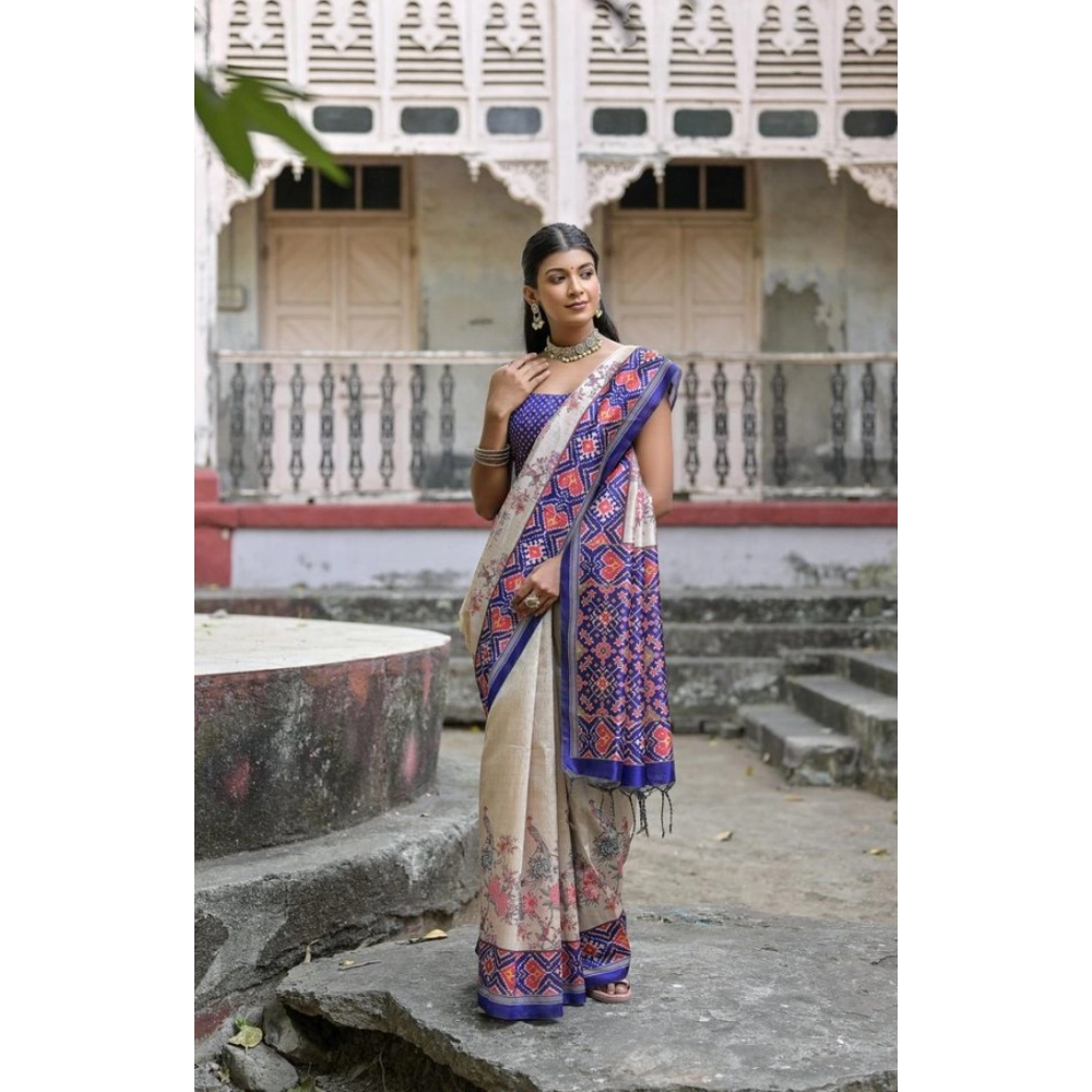 Generic Women's Faux_Tussar Floral Jal With Patola Print Saree With Unstitched Blouse 5.5Mtr (Blue)