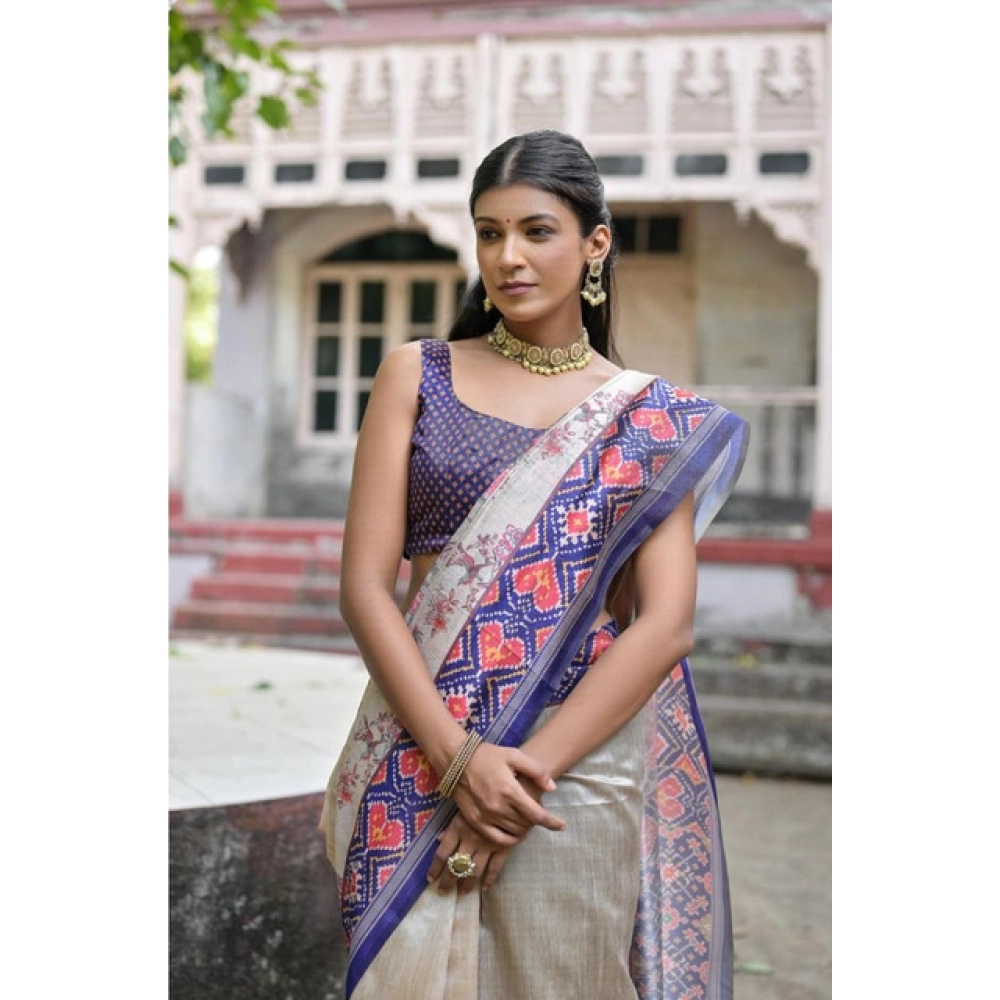 Generic Women's Faux_Tussar Floral Jal With Patola Print Saree With Unstitched Blouse 5.5Mtr (Blue) - Image 3