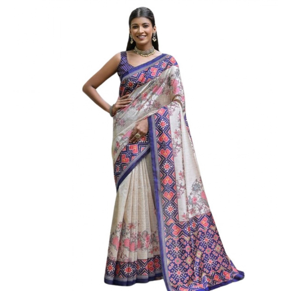 Generic Women's Faux_Tussar Floral Jal With Patola Print Saree With Unstitched Blouse 5.5Mtr (Blue) - Image 4